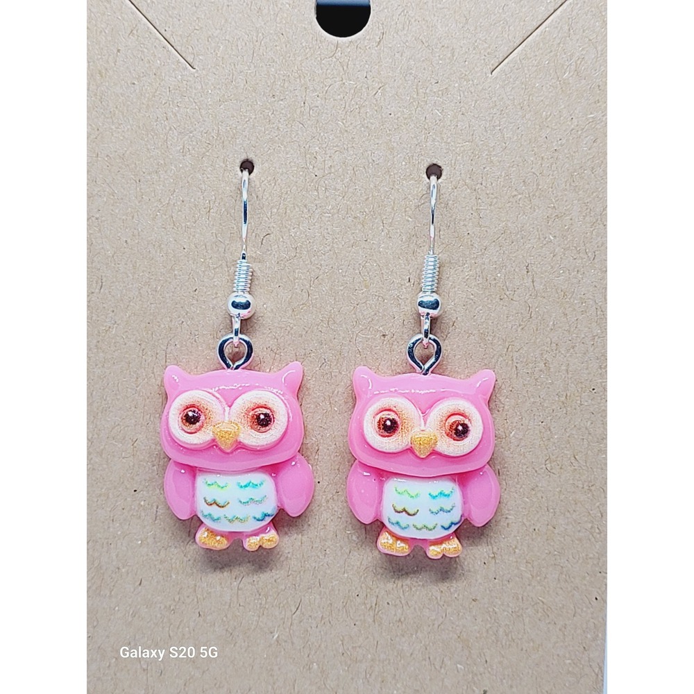 Pink Owl Resin Drop Earrings Silver Tone Fishhook Dangle Whimsical Jewelry
